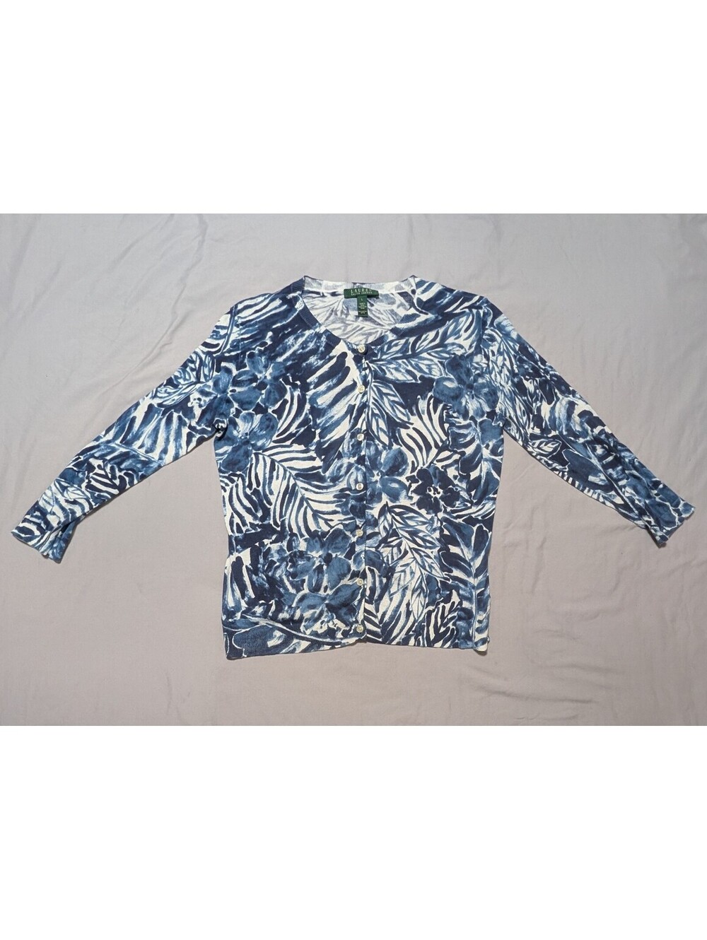 Lauren Ralph Lauren Blue Floral Tropical Button Up Shirt Blouse Cotton L